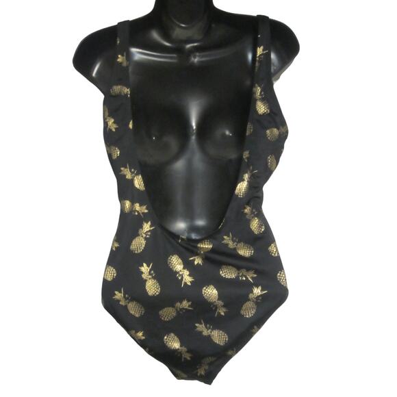 City Streets Pineapple One Piece Swimsuit Black Gold Scoop Back S - Picture 12 of 12